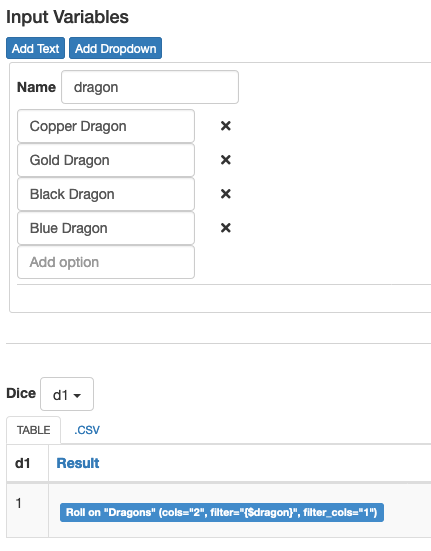 Example dragon table with input variable